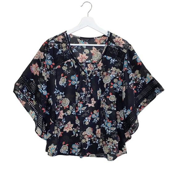 Zac & Rachel Top Women's Large Batwing Boho Black Floral V-Neck Semi Witchie - Picture 1 of 13
